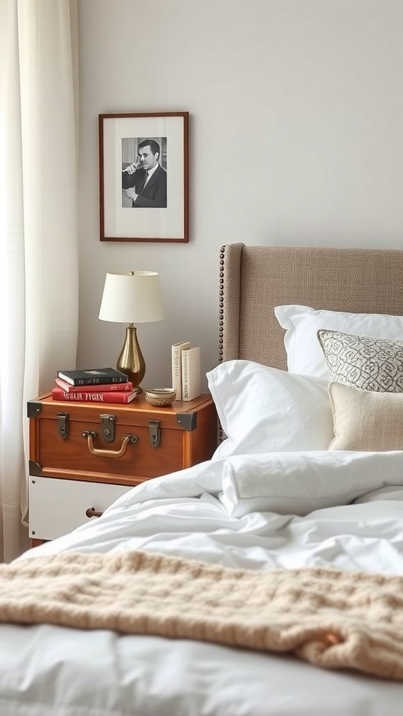 A vintage suitcase used as a nightstand beside a bed, featuring a lamp and books on top.