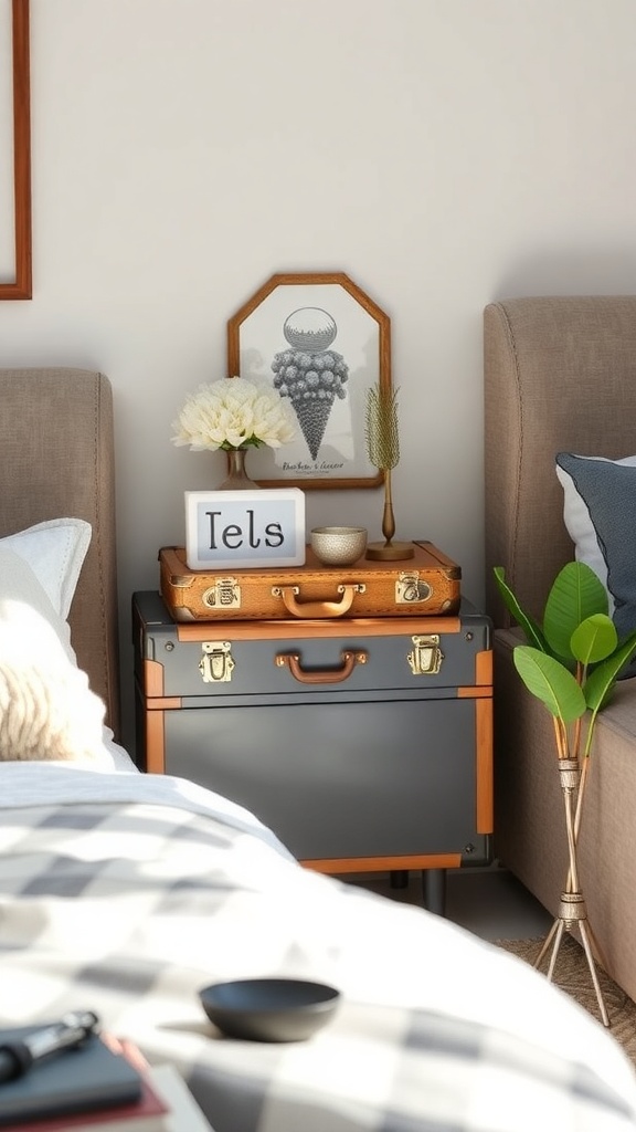 A vintage suitcase nightstand with decorative items on top, next to a bed.