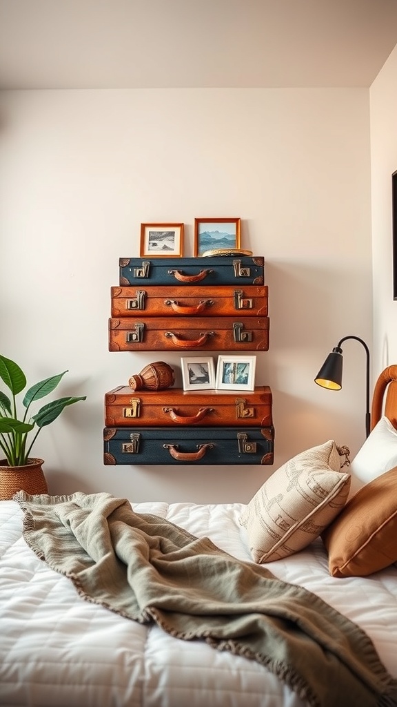 A stylish arrangement of vintage suitcases mounted on a wall, displaying framed photos and surrounded by cozy bedding.