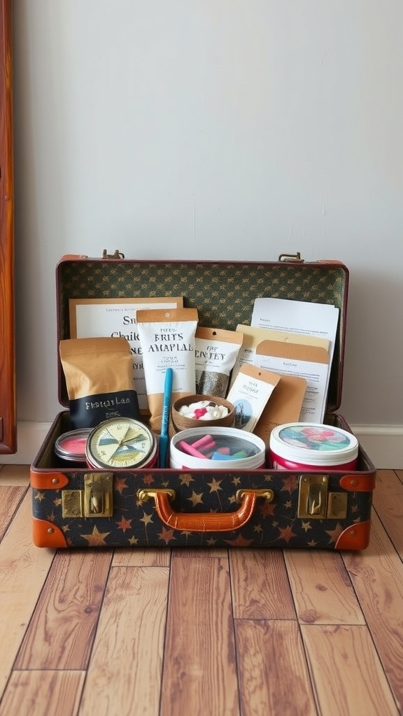 An open vintage suitcase filled with assorted craft supplies.