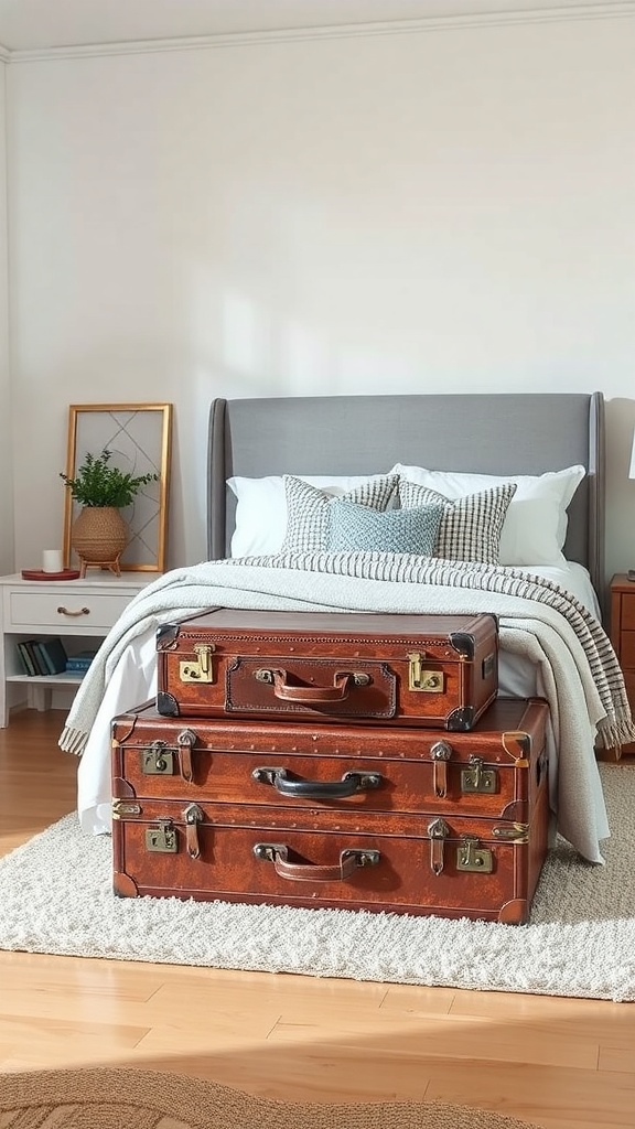 A cozy bedroom featuring stacked vintage suitcases at the foot of the bed, with modern bedding and decor.