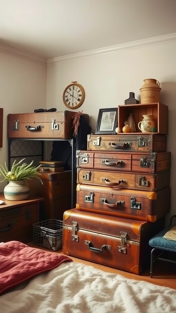 A collection of vintage suitcases stacked as decorative shelves in a cozy bedroom setting.