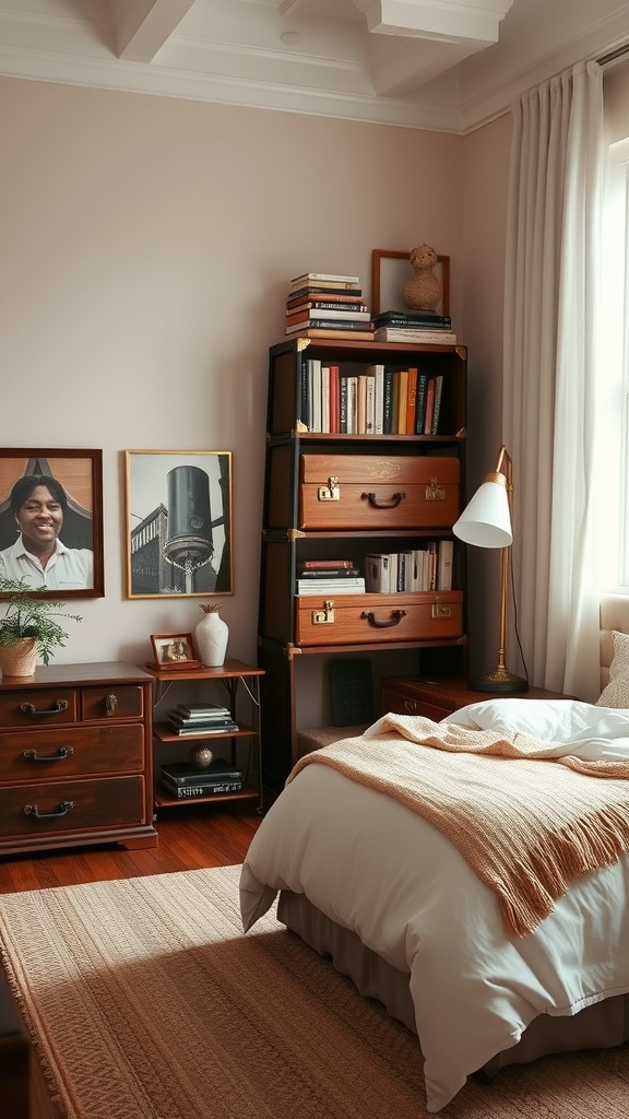 A cozy bedroom featuring vintage suitcases used as bookshelves, displaying books and decorative items.