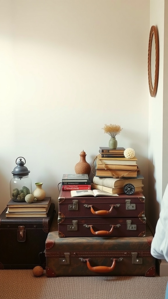 A corner of a room featuring stacked vintage suitcases with books on top, a lantern, and decorative items