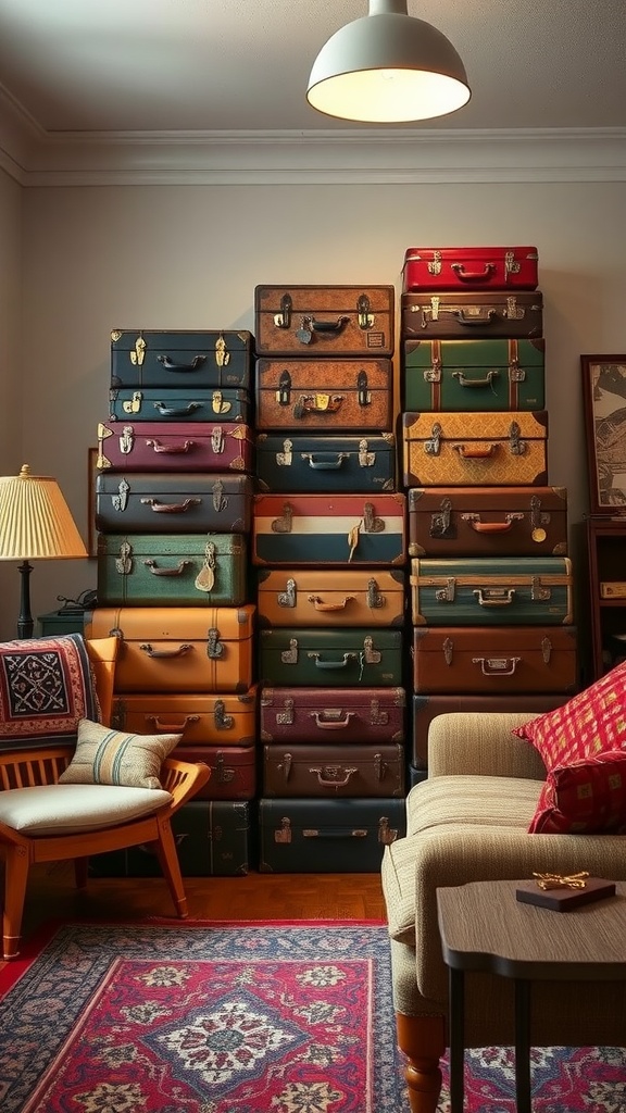 A cozy living room featuring a stylish stack of vintage suitcases used as a room divider.