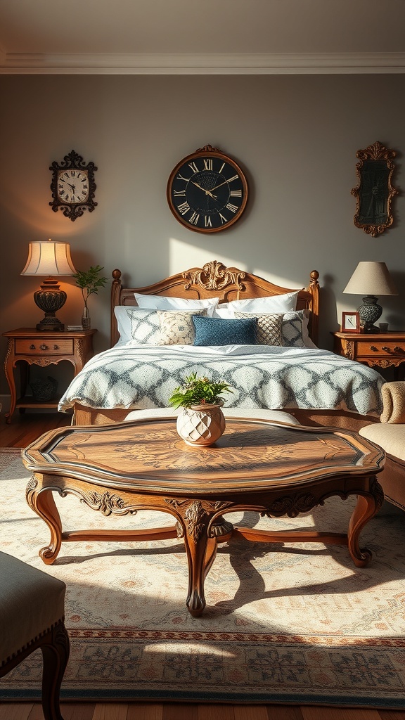 A vintage wooden table with intricate designs, surrounded by cozy furniture in a warm living room setting.
