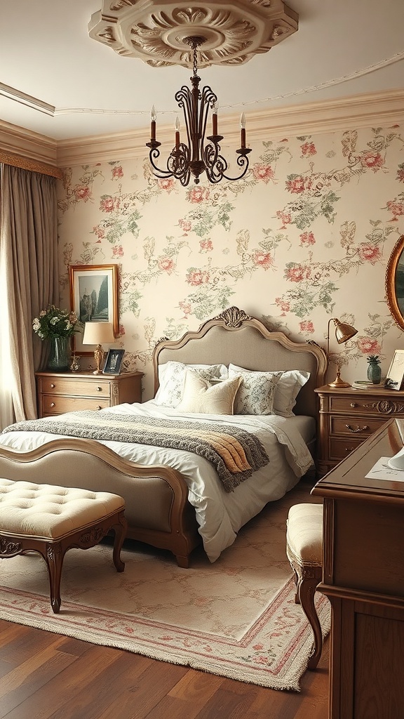 A vintage-style bedroom featuring taupe walls, floral wallpaper, a chandelier, and elegant furniture.