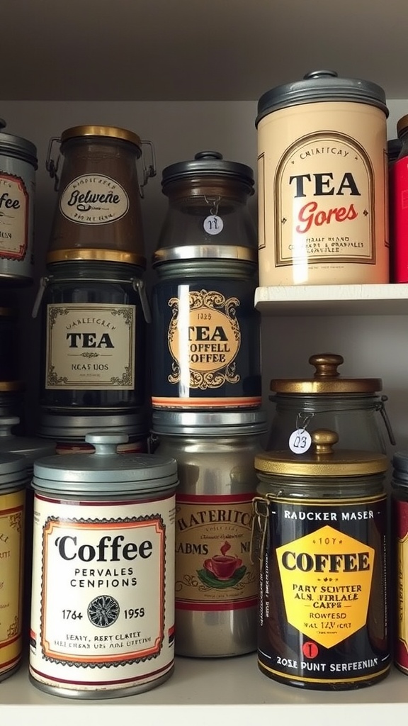 A shelf displaying a collection of vintage tea and coffee canisters in various colors and designs.
