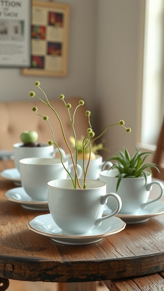 A collection of vintage tea cups displaying air plants on a wooden table.