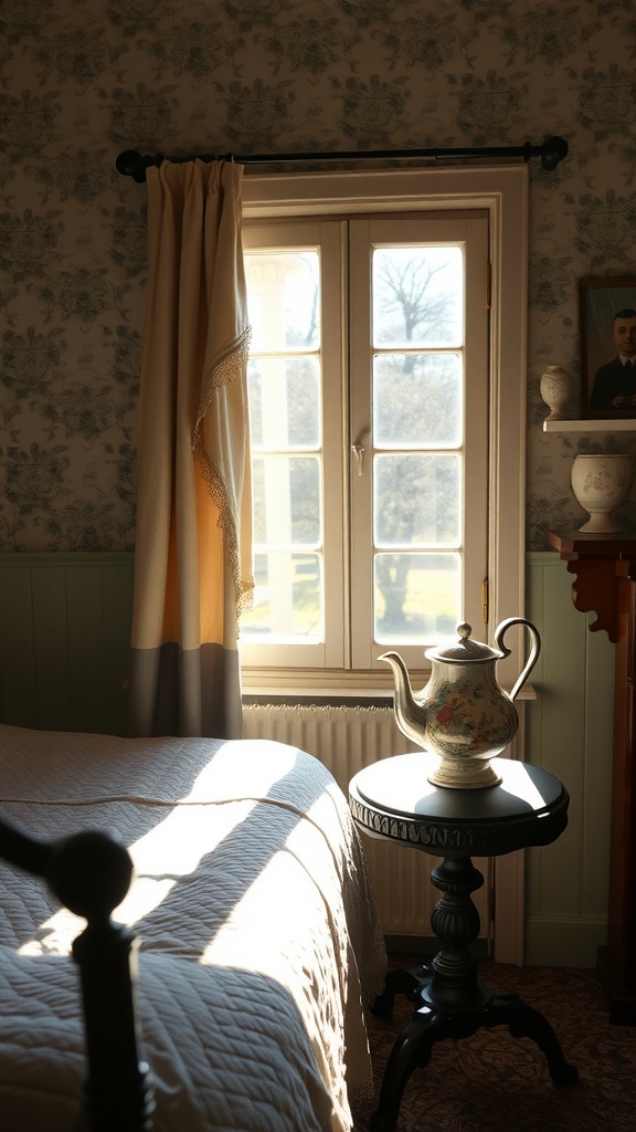 A vintage tea set displayed on a small table in a cozy bedroom with soft sunlight filtering through the windows.