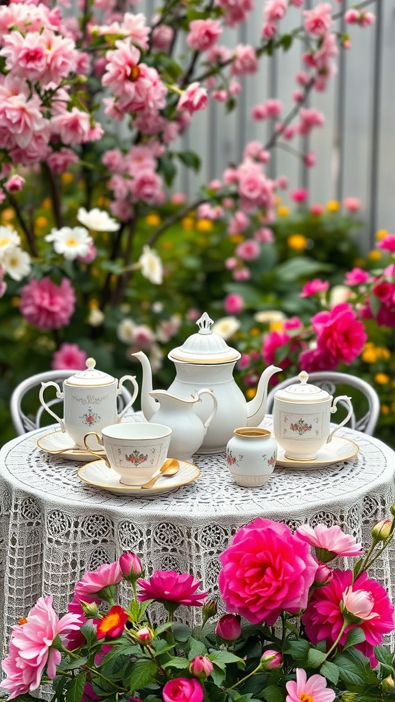 A vintage tea set displayed on a lace tablecloth surrounded by pink and white flowers