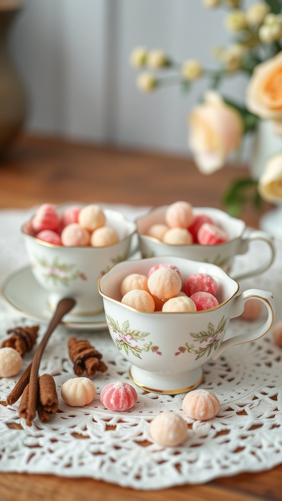 A set of vintage teacups filled with colorful candies, surrounded by cinnamon sticks and a lace doily.