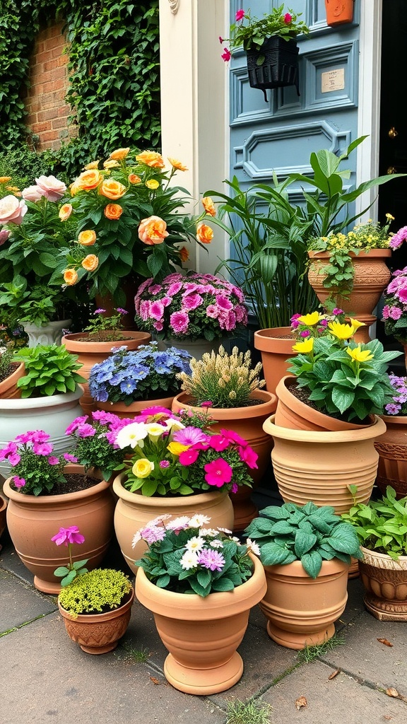 A collection of vintage terracotta pots filled with colorful flowers, arranged in a front garden setting.