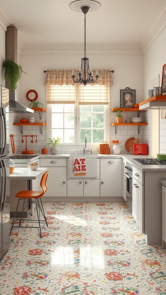 A kitchen featuring vintage terrazzo flooring with colorful patterns, modern appliances, and stylish decor.