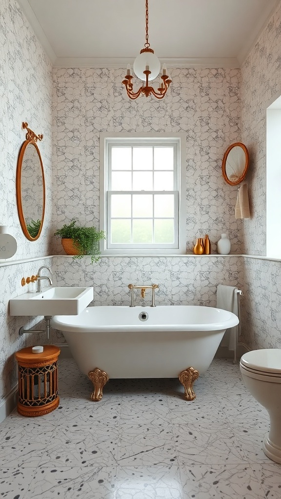 A vintage-inspired bathroom featuring terrazzo tile flooring, a freestanding bathtub with golden feet, and elegant decor.