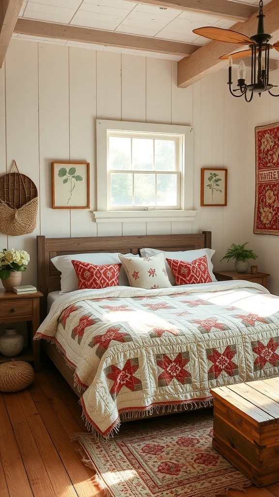 A cozy farmhouse bedroom featuring a vintage quilt, wooden furniture, and rustic decor.