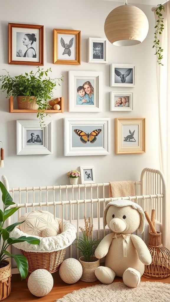 A beautifully decorated vintage nursery featuring a gallery wall with framed photos, a cozy teddy bear, potted plants, and textured accessories.