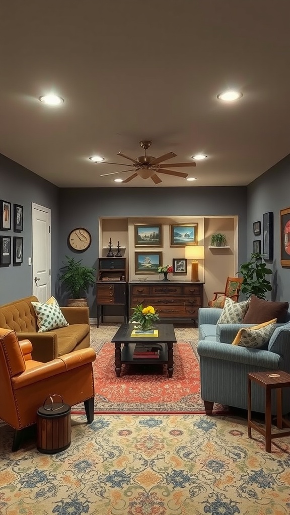 Vintage themed basement lounge with colorful furniture, a patterned rug, and warm lighting.