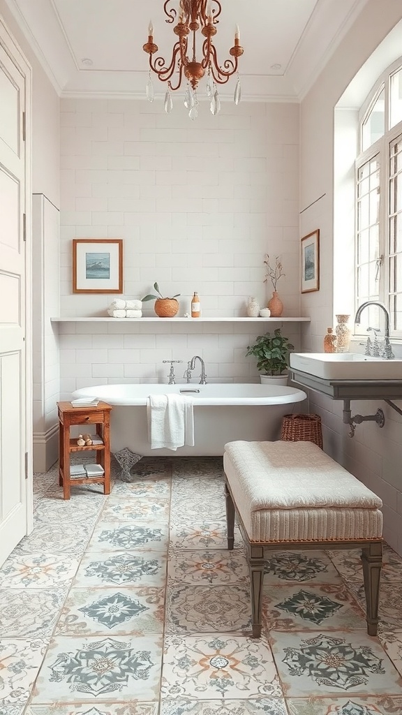 A vintage-style bathroom featuring patterned floor tiles, a freestanding bathtub, and elegant decor.