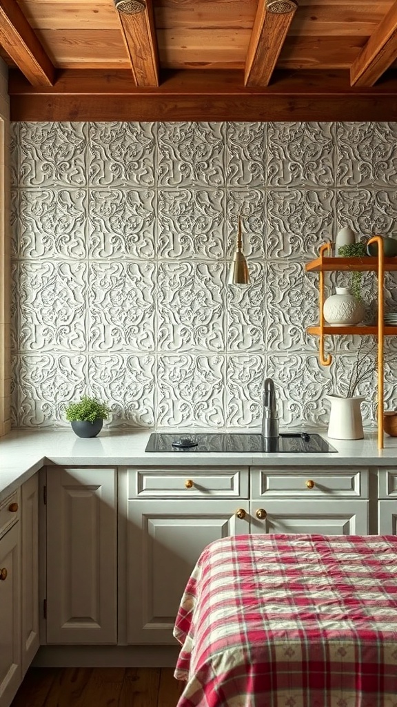 A kitchen featuring vintage tin panels as a backsplash, with intricate designs and modern cabinetry.