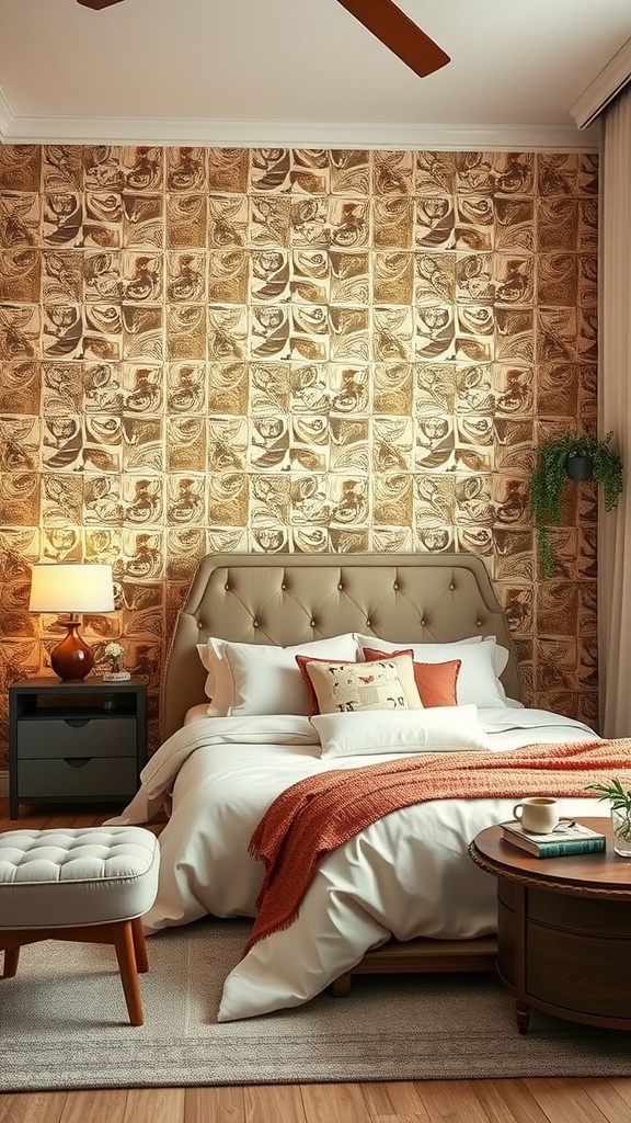 A cozy bedroom with vintage tin panels on the wall, featuring soft bedding and rustic decor.