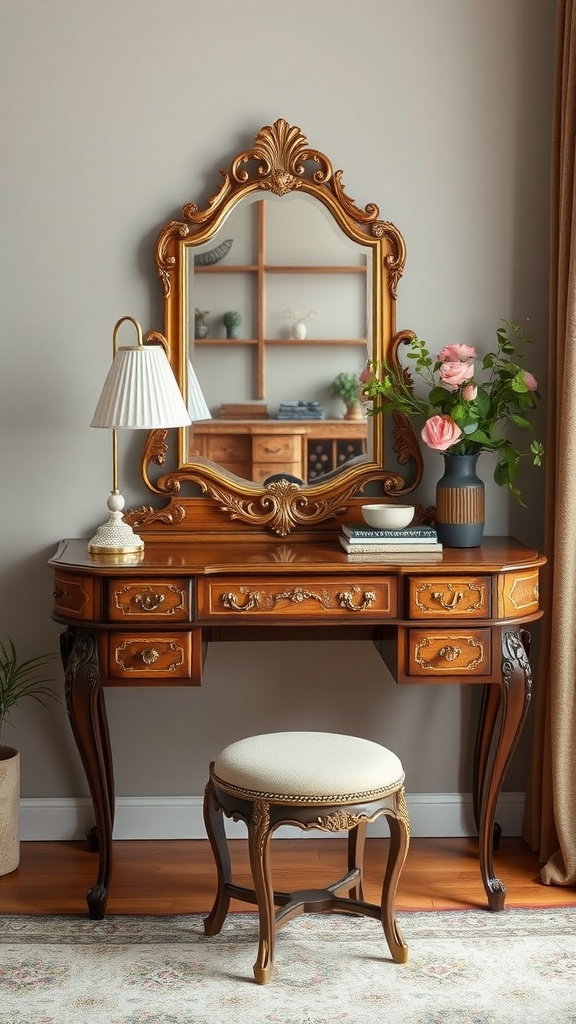 A vintage dressing table with an ornate mirror, a lamp, flowers, and decorative items.