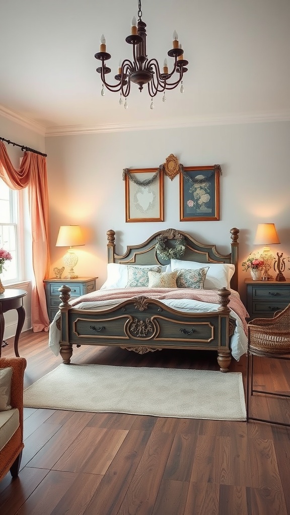 A vintage styled bedroom with a beautifully crafted bed, soft lighting, and charming decor elements