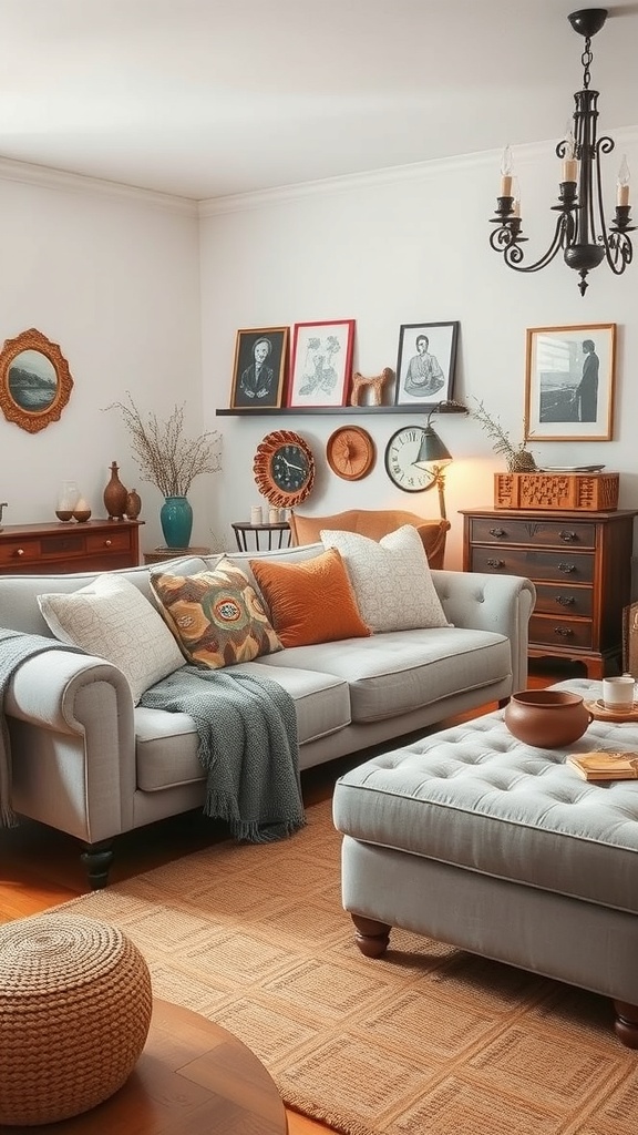 A cozy living room featuring a light grey couch with vintage decor elements.