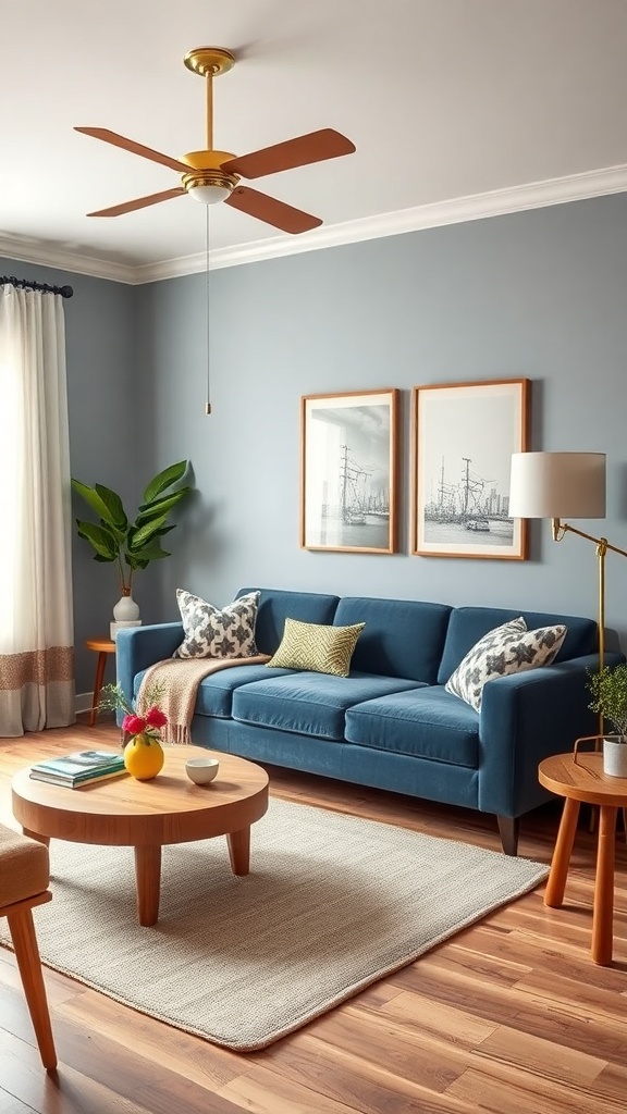 A cozy living room featuring a navy blue sofa, vintage decor, and natural light.