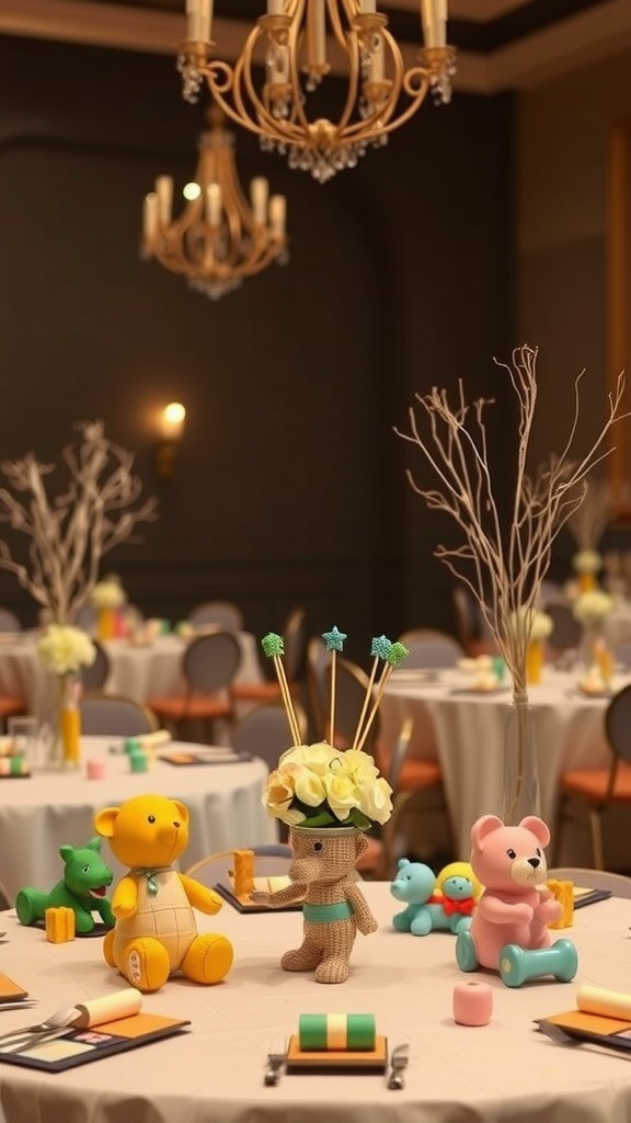 A beautifully arranged table with vintage toy centerpieces, featuring colorful stuffed animals and a floral display.