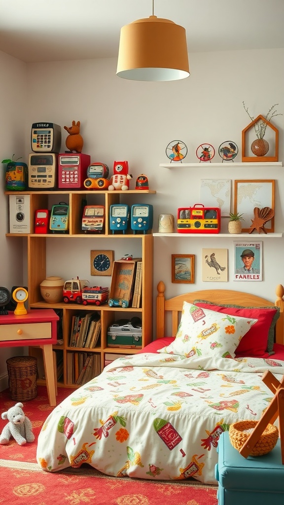 A cozy bedroom featuring a vintage toy collection on shelves, colorful bedding, and a warm atmosphere.
