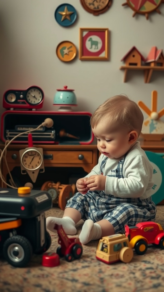 A baby playing with vintage toys in a cozy, decorated room