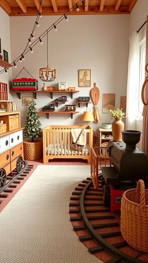 A cozy nursery designed with a vintage train station theme, featuring a crib, train tracks on the floor, and playful decor.