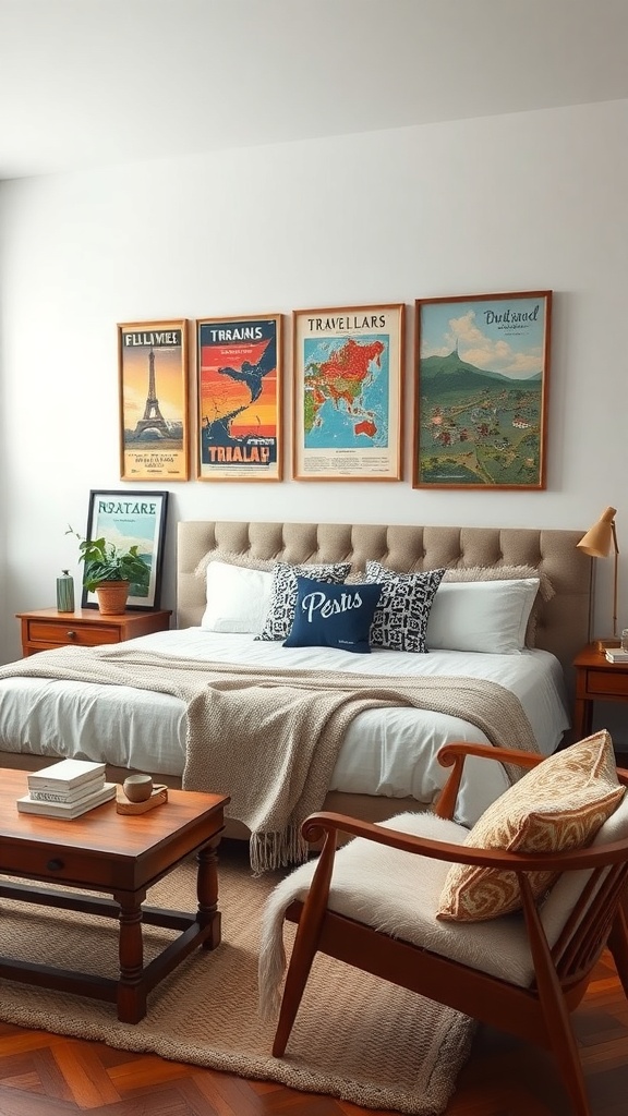 A cozy bedroom featuring vintage travel posters on the wall above a bed.