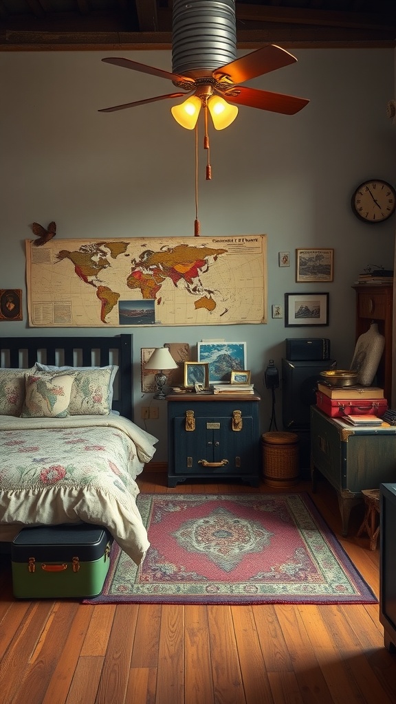 A vintage-themed bedroom featuring a world map, floral bedding, and vintage suitcases.