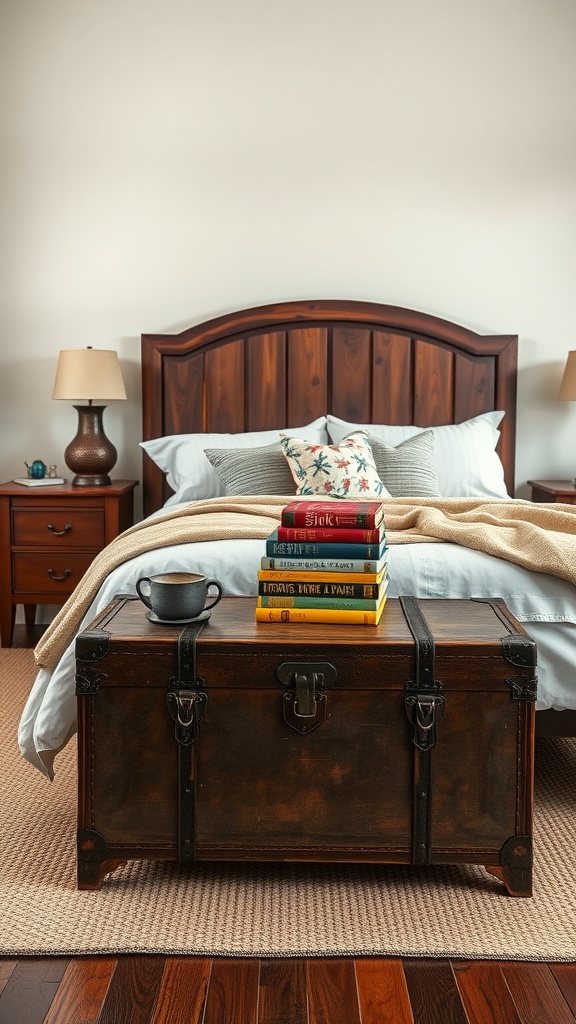 A vintage trunk at the end of a bed, decorated with stacked books and a coffee cup.