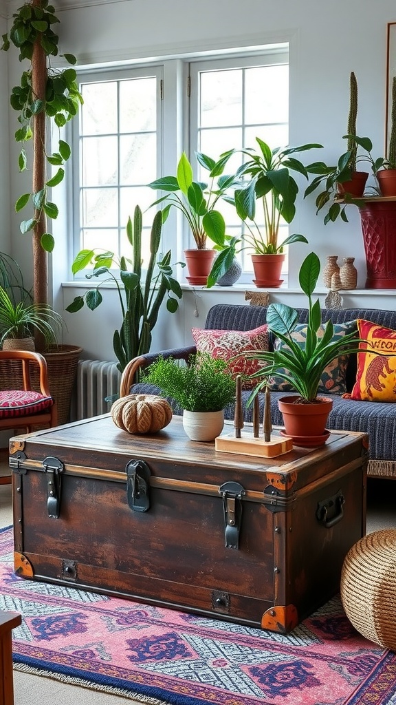 A vintage trunk serving as a table surrounded by plants in a stylish living room.