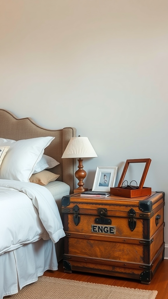 A vintage wooden trunk used as a bedside table next to a bed, featuring a lamp and personal items