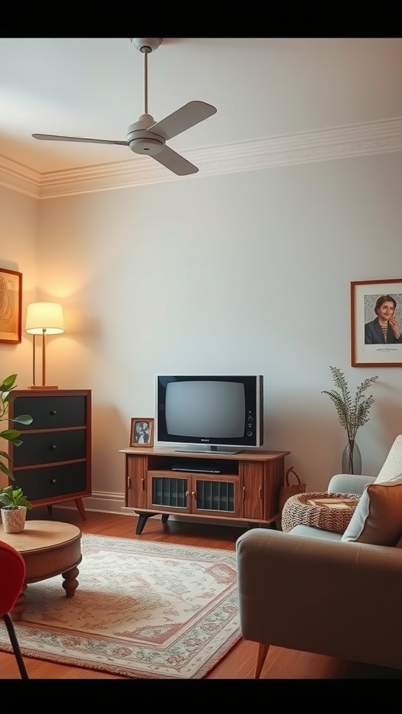 A cozy living room featuring a vintage TV stand, a retro television, and warm lighting.