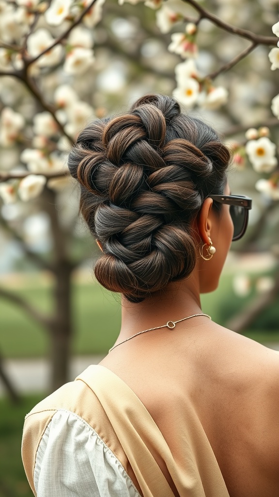 A woman with a vintage twist hairstyle, wearing retro sunglasses and accessories, with blossoming flowers in the background.