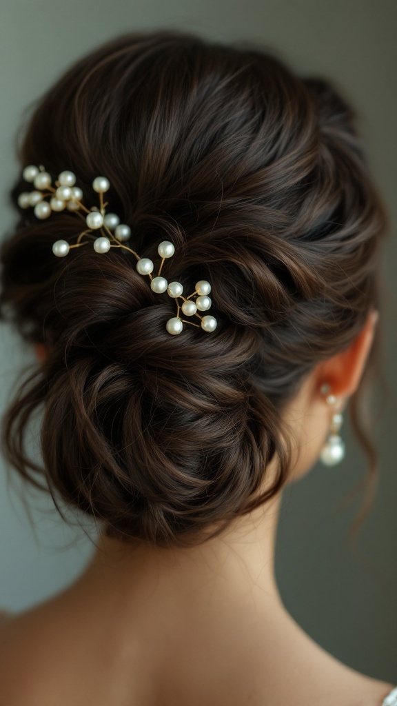 A vintage updo hairstyle with curled bangs, adorned with pearls.
