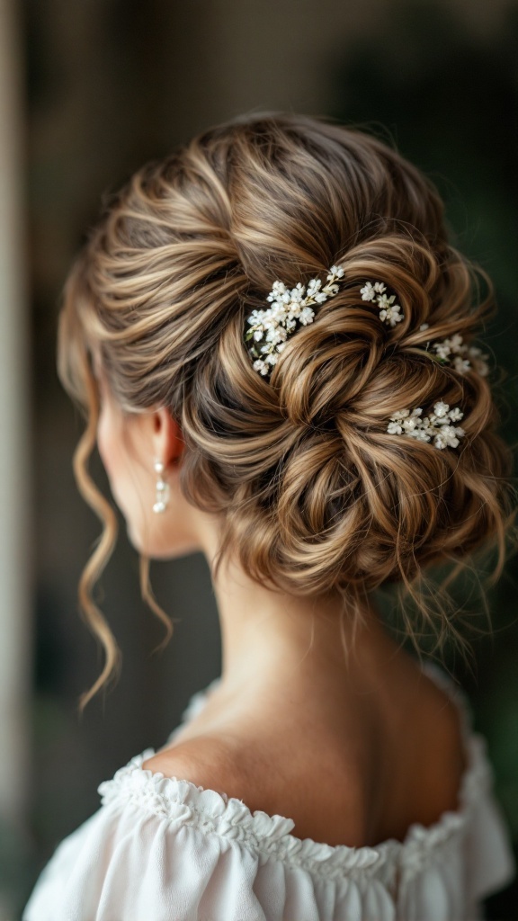 A vintage updo hairstyle featuring soft curls and delicate white flowers, suitable for bridesmaids with long hair.