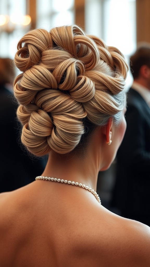 A sophisticated vintage updo hairstyle featuring pin curls, styled elegantly with a pearl necklace.