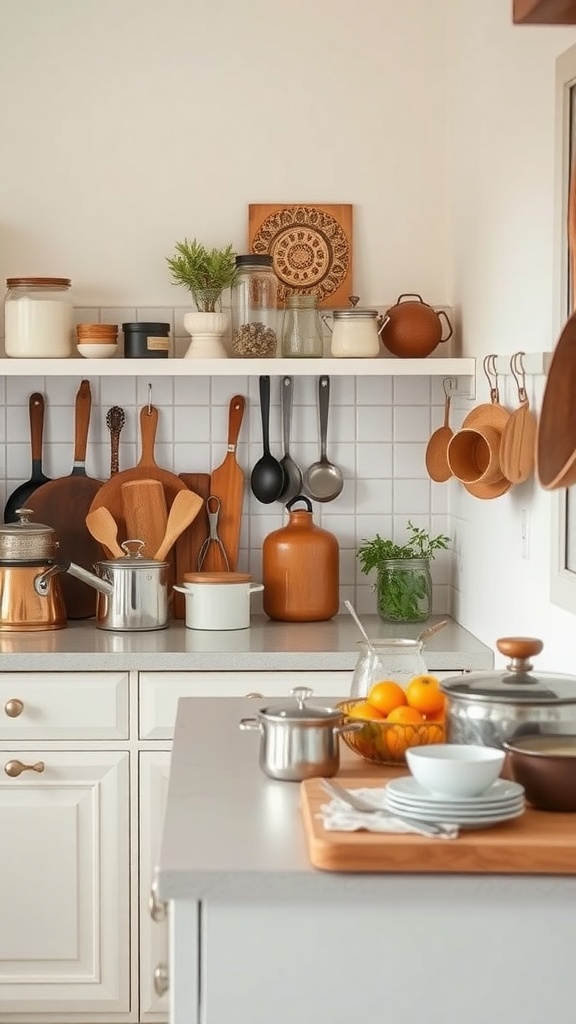 A retro kitchen with vintage utensils and cookware displayed on shelves and countertops.