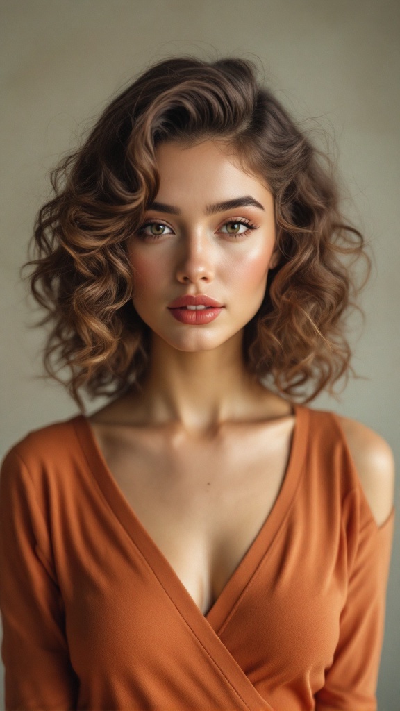 A woman with vintage V neck curls, showcasing defined soft curls and a stylish V neck top.