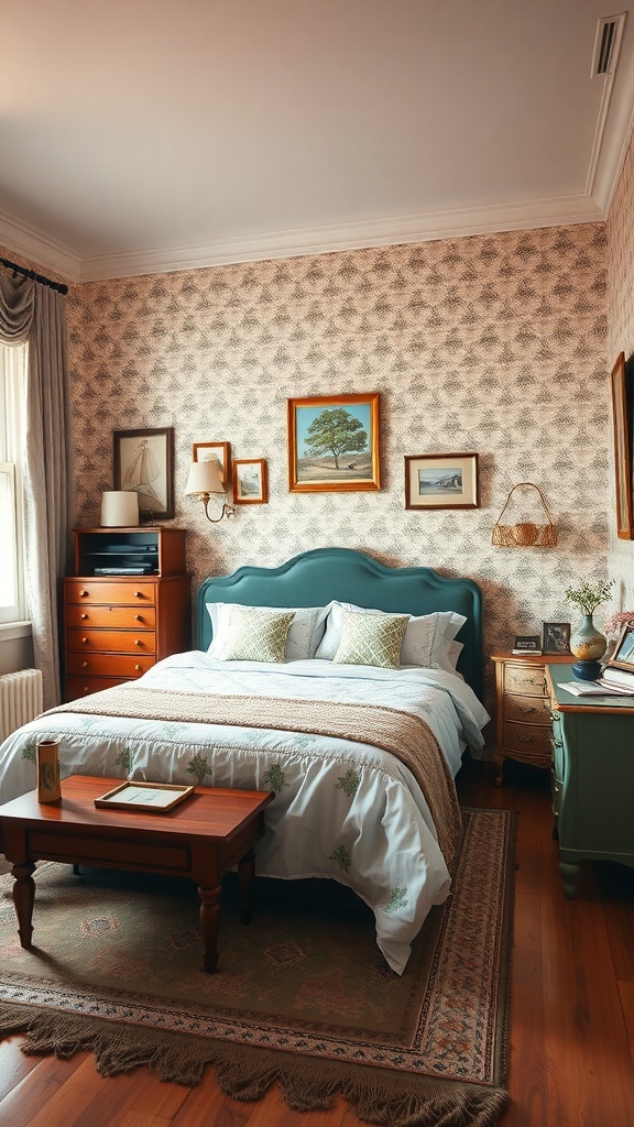 A cozy vintage-inspired bedroom with a blue headboard, floral bedding, wooden furniture, and framed artwork on the walls.