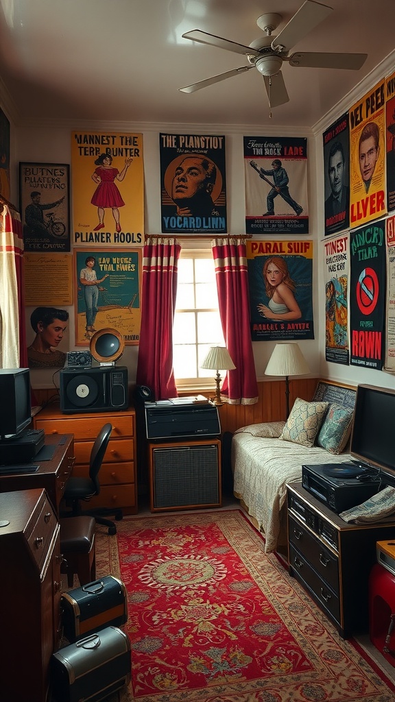 A vintage-themed bedroom with retro posters, wooden furniture, and a red rug.