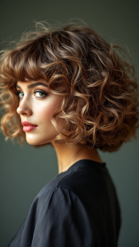 A woman with a retro messy bob hairstyle featuring soft curls and bangs, looking stylish.