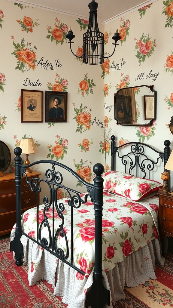 A cozy vintage bedroom featuring an ornate metal bed frame, floral wallpaper, and warm decor.