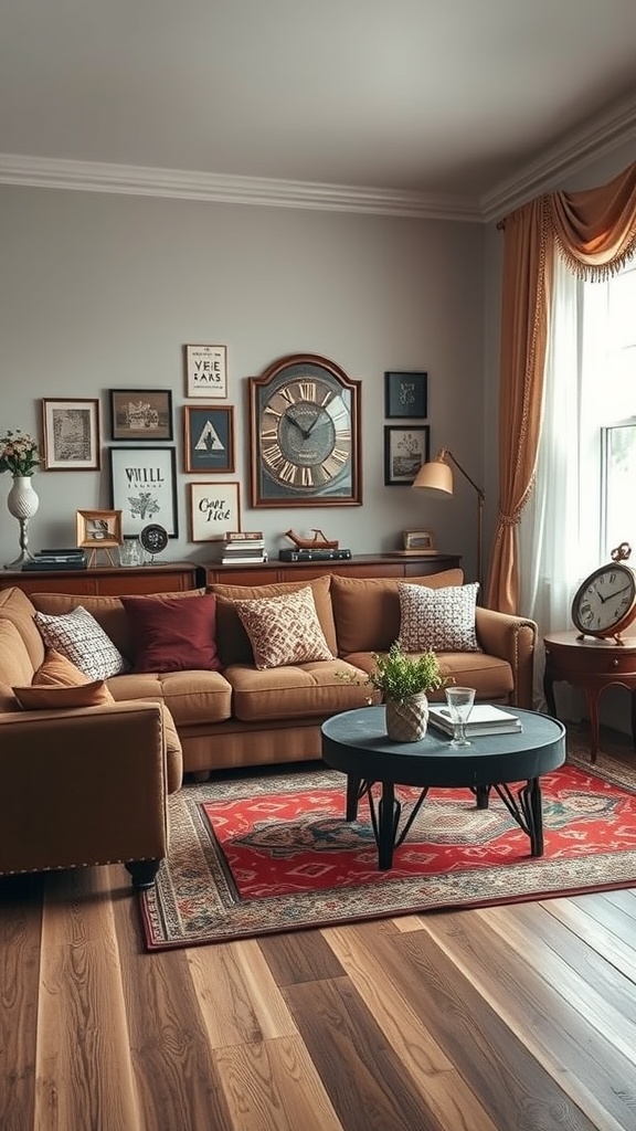 Cozy vintage living room with a brown sofa, wall art, and a round coffee table